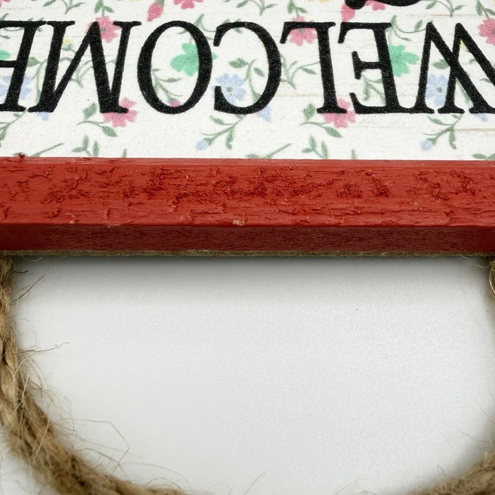 Rustic Welcome Friends Wooden Sign Floral Wall Decor Red Frame‎ Rope Hanging